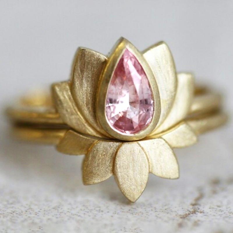 

Gold Color 2Pcs Lotus Set Rings with Pear Pink CZ Temperament Sweet Wedding Accessories Gift Fashion Jewelry for Women 6