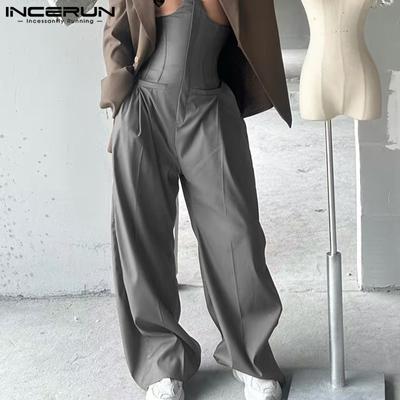 Men High Zipper Corset Waist Solid Casual Loose Long Straight Trousers