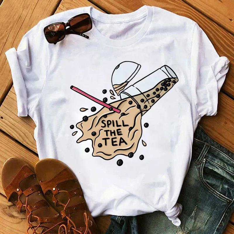 Kawaii Cartoon Milk Tea Printed T Shirt Women Fashion T Shirt Casual Tops 90s Girls Ladies Female Cute Graphic Tee