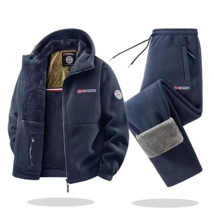 Autimn Winter Sportswear Set Mens Retro Training Thick Fleece Jacket + Pants Two Piece Set Casual Ski Running Tracksuit Suit
