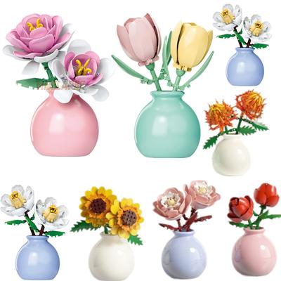 DIY MOC Flowers Bouquet Rose Sunflower Succulents Bonsai Vase Gardens Romantic Building Blocks Model Bricks Kids Sets Kits Toys