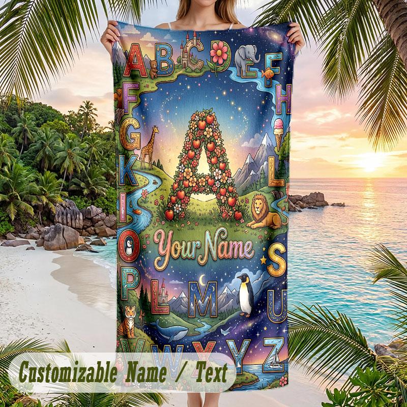 Adventure Alphabet Land Theme Quick Dry Beach Towel Custom Name Text Print Large Sand Resistant Towel Beach Vacation