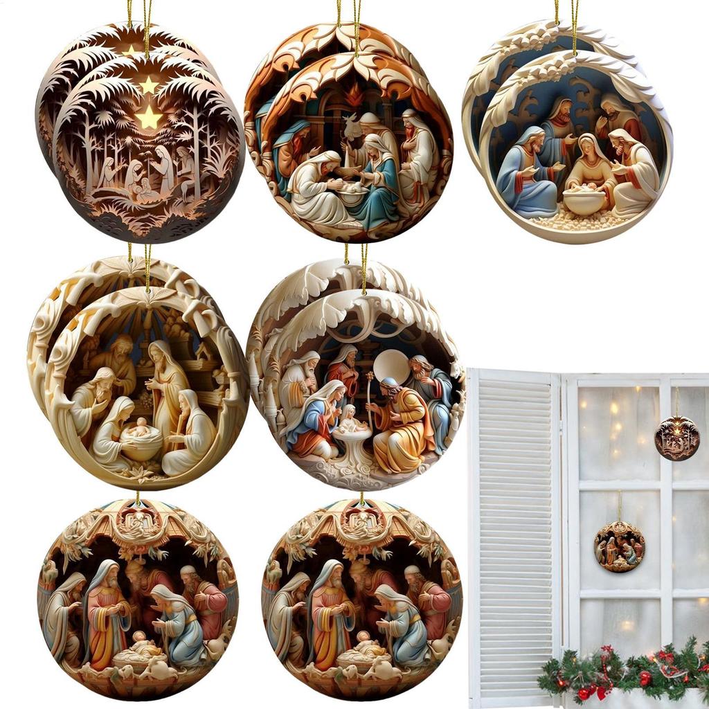 2D Christmas Nativity Ornament Christmas Wooden Nativity Scene Pendant Christmas Tree Decor 2025 Xmas Navidad Party Supplies