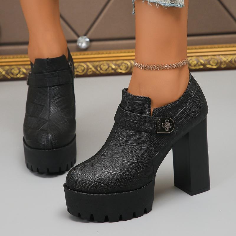 Fashion Winter New Coarse Heel Shoes Women's Fashion Round Head Thick Sole Side Zipper Anti-slip Wear-resistant High Heels