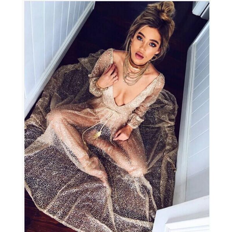 Vestido Largo de Mujer con Lentejuelas Doradas, Cuello en V Profundo, Manga Larga, Espalda Descubierta, Malla Transparente, Cintura con Lazo de Flecos, Elegante para Noche, Cóctel, Invitado a Boda, Formal, Vestido de Graduación