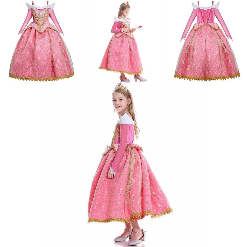 Encantador Disfraz de Princesa Aurora La Bella Durmiente para Niñas con Mangas Largas y Detalles de Encaje