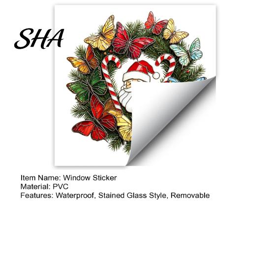 Seasonal Home Decoration Christmas Wreath Window Sticker, Stained Glass Style, Removable Santa Butterfly Candy Family Holiday Gift Ideas Cane