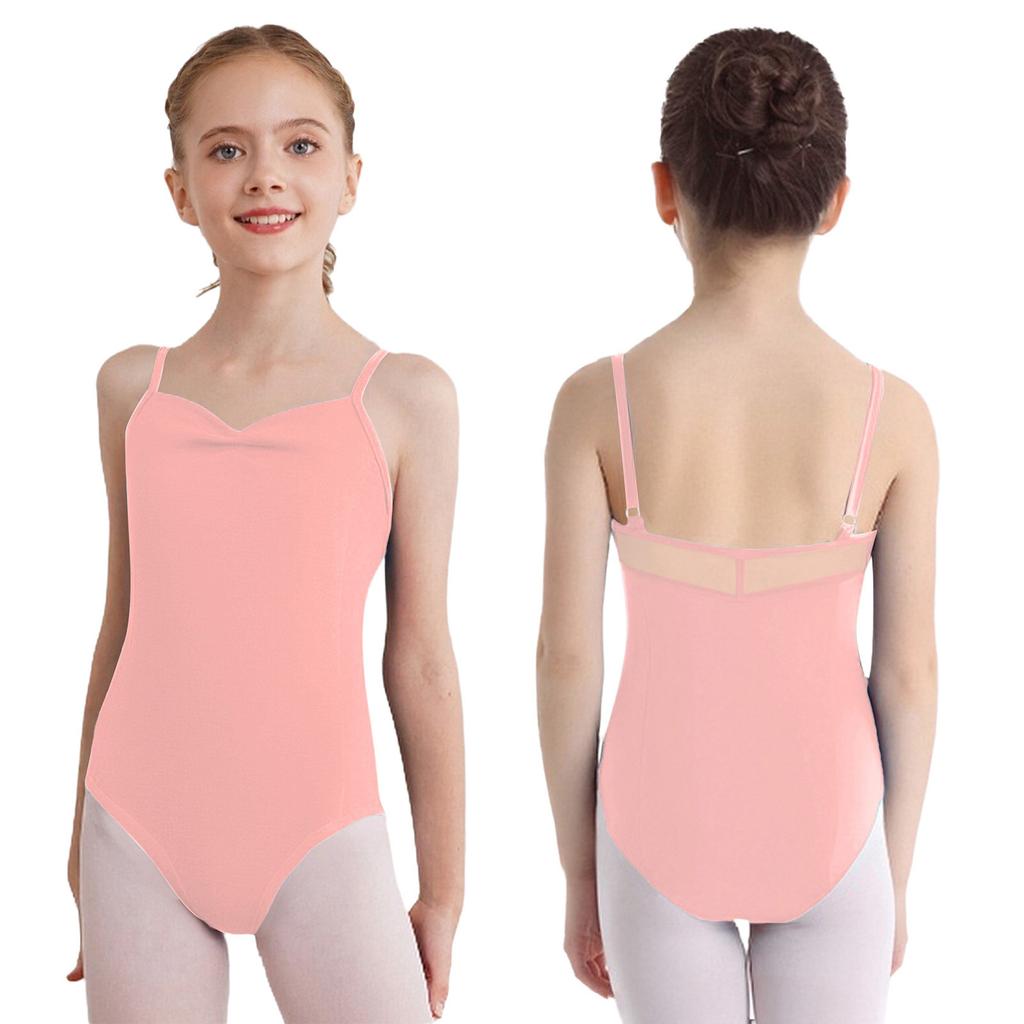 Girls Ruched Sleeveless Backless Spaghetti Straps Leotard Ballet Dance Performance Bodysuit