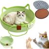 Natural Rope Cat Basket Bed with Cushion Hanging Ball Toy, Green Large | Round Cat Scratcher Bed for Indoor Cats, Boho Nesting Pet Bed