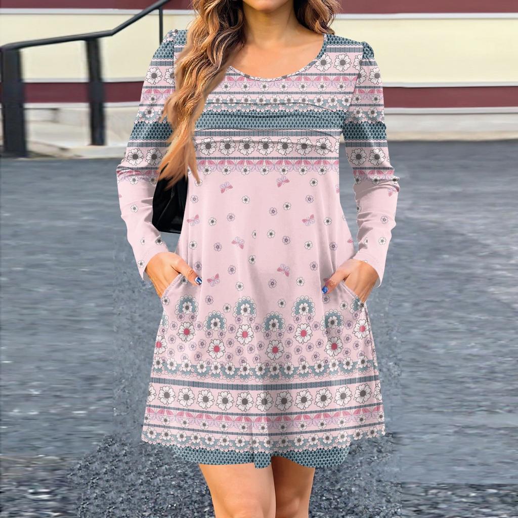 Damklänning med lång ärm Höst Casual T-shirt Lös passform Plisserad framsida Klänningar med fickor