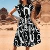 Women Fashion Summer Dress with Belt Print Pleated