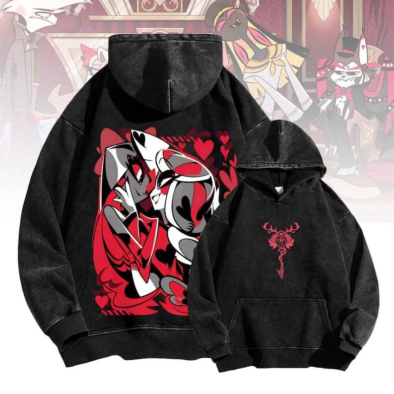 Hazbin Hotel Angel Dust Husk Anime Hoodies Men's Women's Clothing Harajuku Washed Streetwear Oversized Long Sleeve Cotton Hoodie