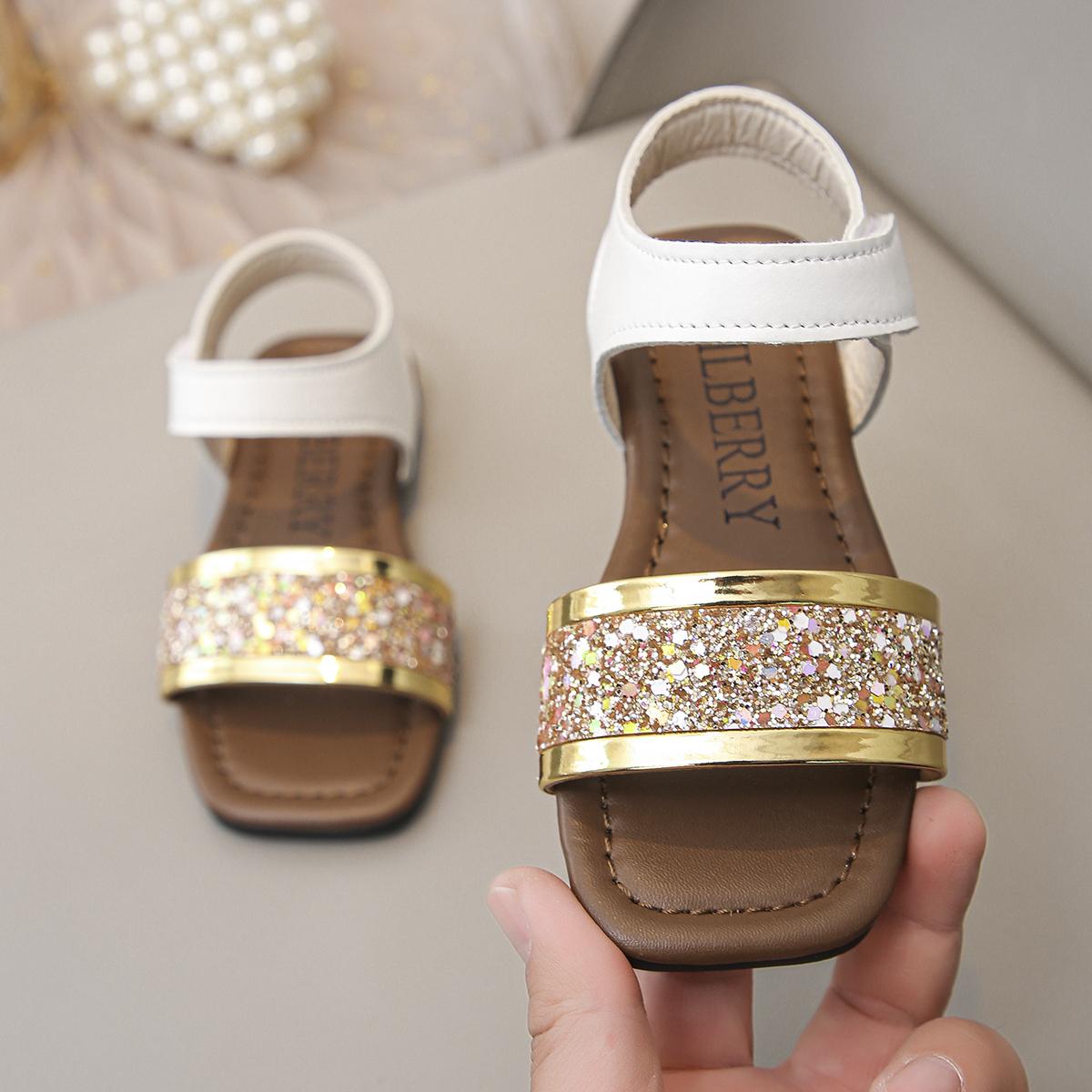 

Kids Sandals Shiny Sequins Open Toes Girls Beach Shoes Non-slip Hook&loop 2025 Summer New Children Princess Shoes Soft Sole Ins 26 кофейный