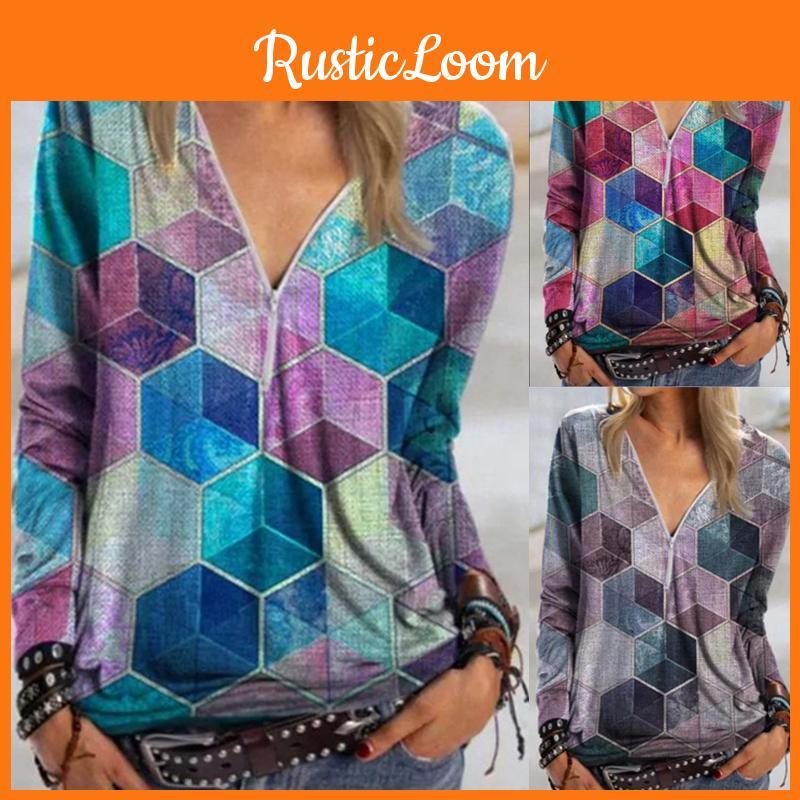 Elegant Ladies Print Pullover Blouse Shirt With V Neck And Zipper For Casual Wear