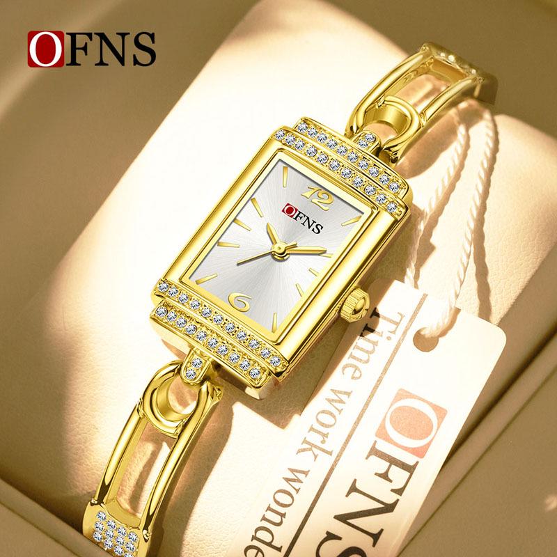 OFNS Women's Luxury Square Leather Strap Watch - Waterproof Quartz with Diamond Detailing