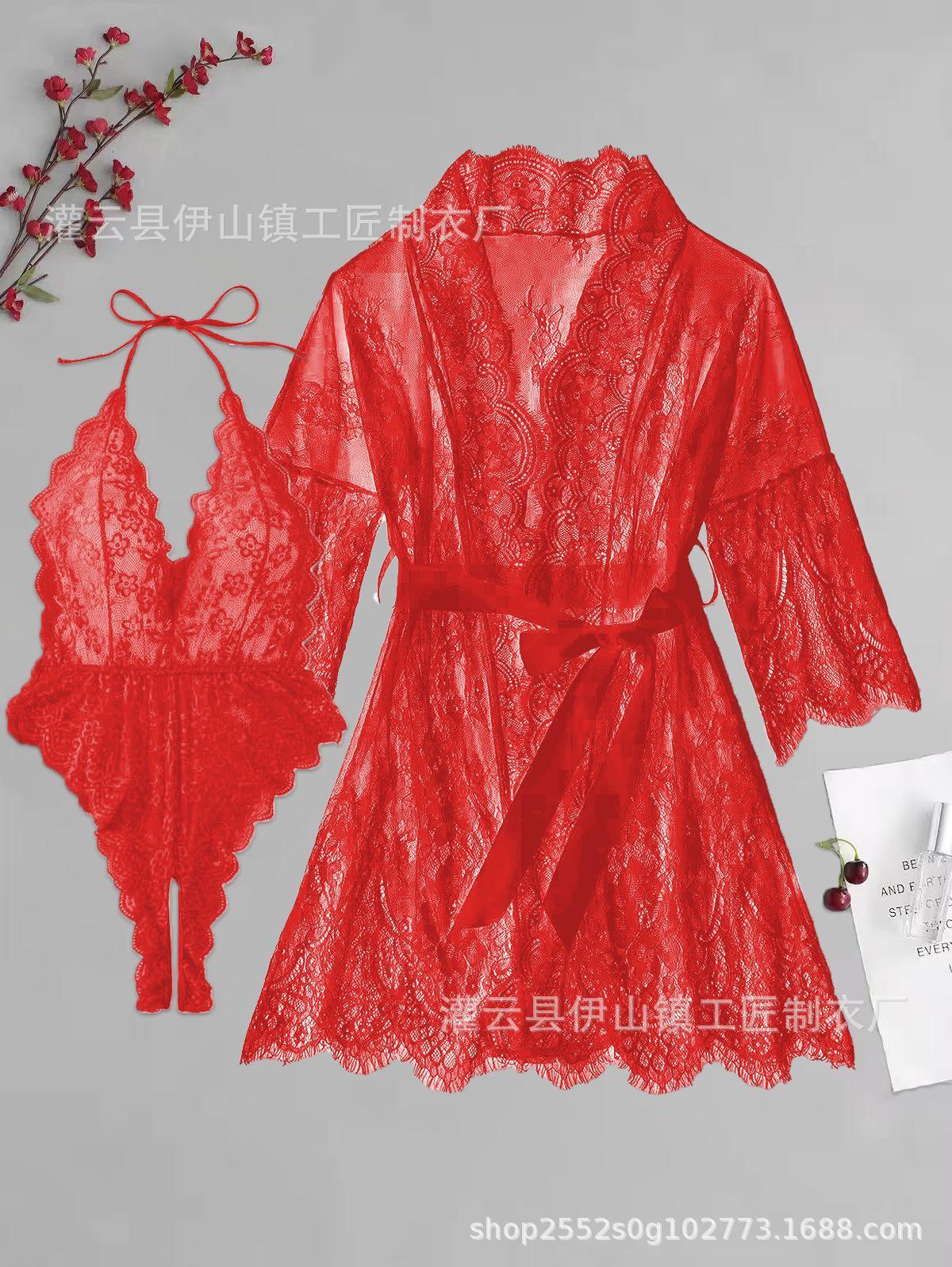

New sexy babes European and American lace perspective onesie nightgown set women s thin long styles S красный