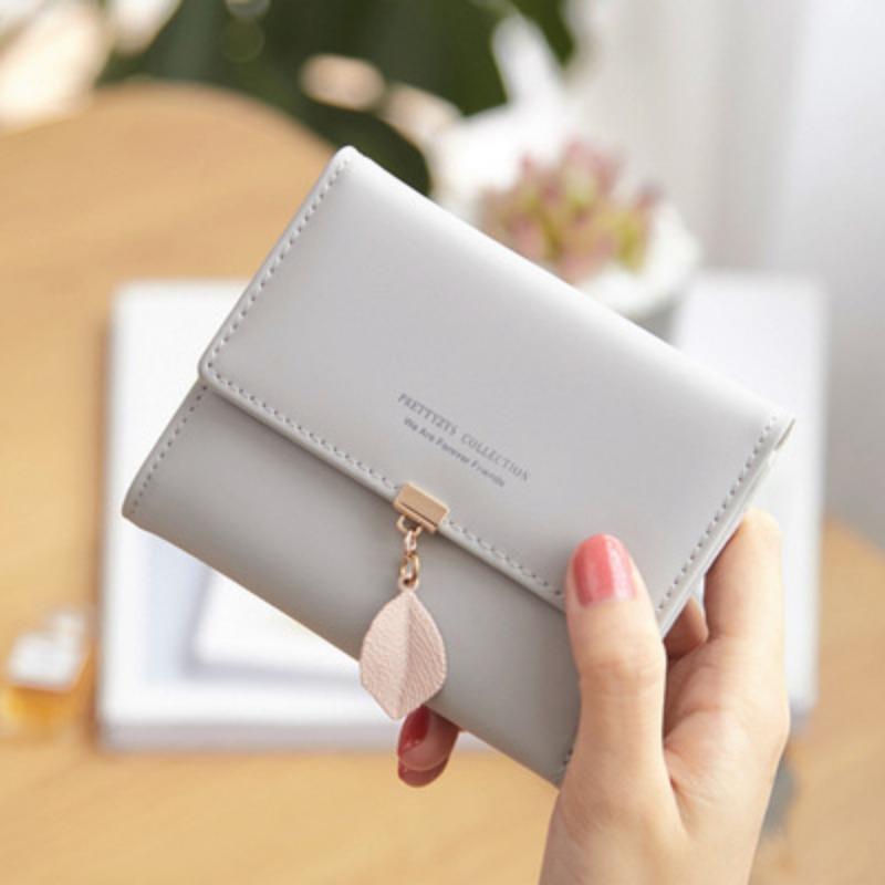 Women Wallets Leaf Pendant Fresh Style Multi-Card Short Wallet, Card Holder, Leather Clip, Coin Purse