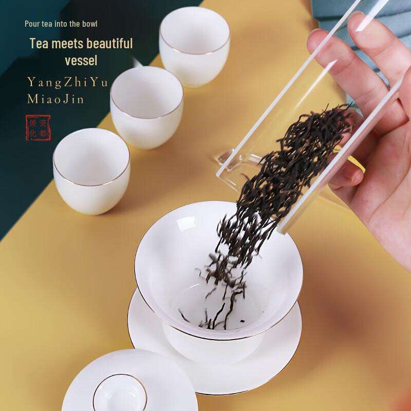 Chaxun Dehua Suet Jade Porcelain Gilded Gaiwan Tea Bowl