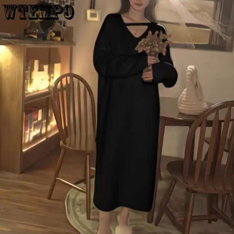 WTEMPO Women's Knitted Sweater Dresses Autumn Winter Coat Long Strap Solid Color V-neck Ribbon Korean Style Fashion Y2k