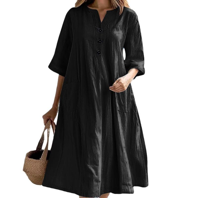 Long V-neck Half-sleeve Loose Version Three-button Dress