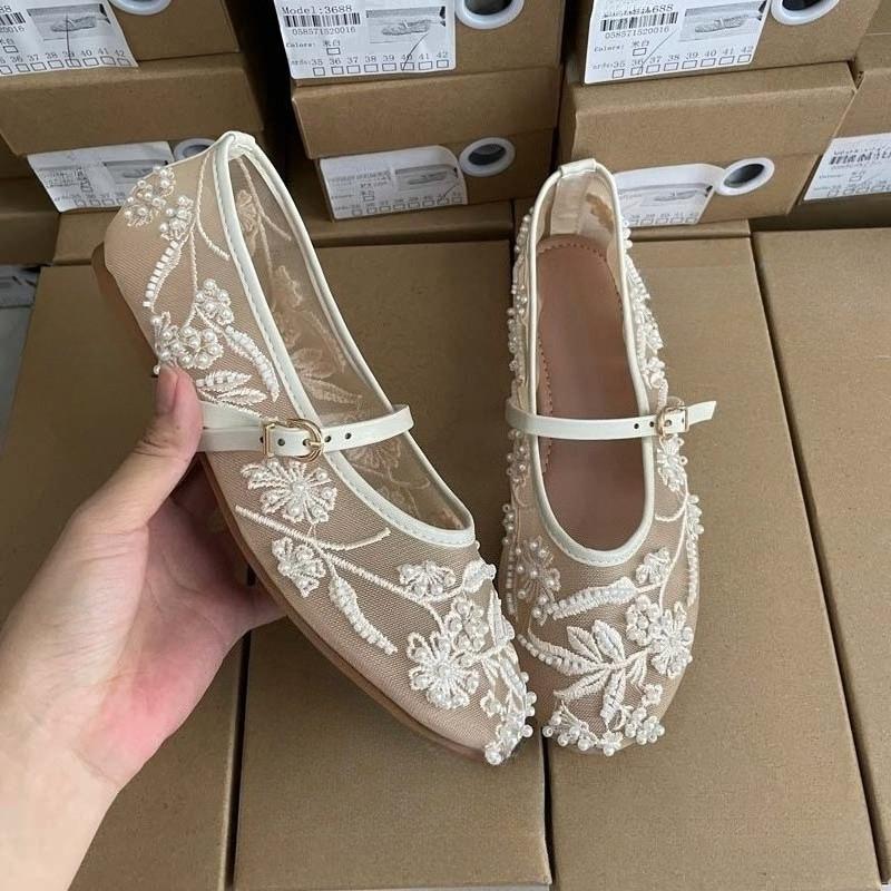 Bestickte Perlennetz Damen Mary Jane Schuhe Lässige Sommer Atmungsaktive Schuhe Runde Zehenpartie Gürtelschnalle Ballett Style Flats für Damen