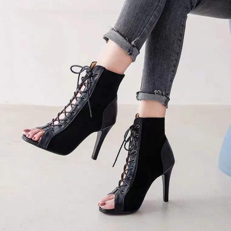Strappy Fish-mouth Boots with Thin Heels, Hollow Design, Short Boots, High Heels, Sandals, Women's Shoes