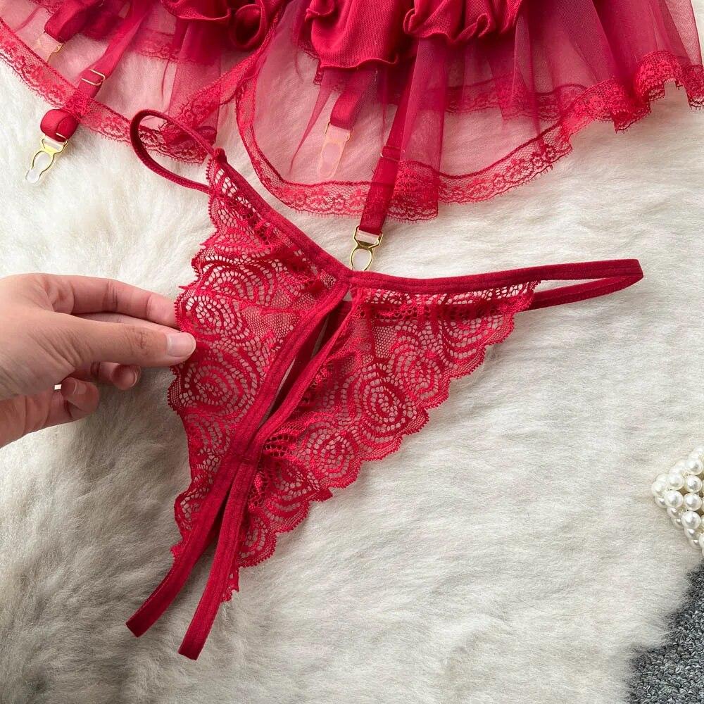 Summer Lace Sexy Underwear Suits Women Ruffles Sheer Camis Mesh Sensual Dress Suits Female Solid Erotic Open Crotch Slim Pajamas 2024