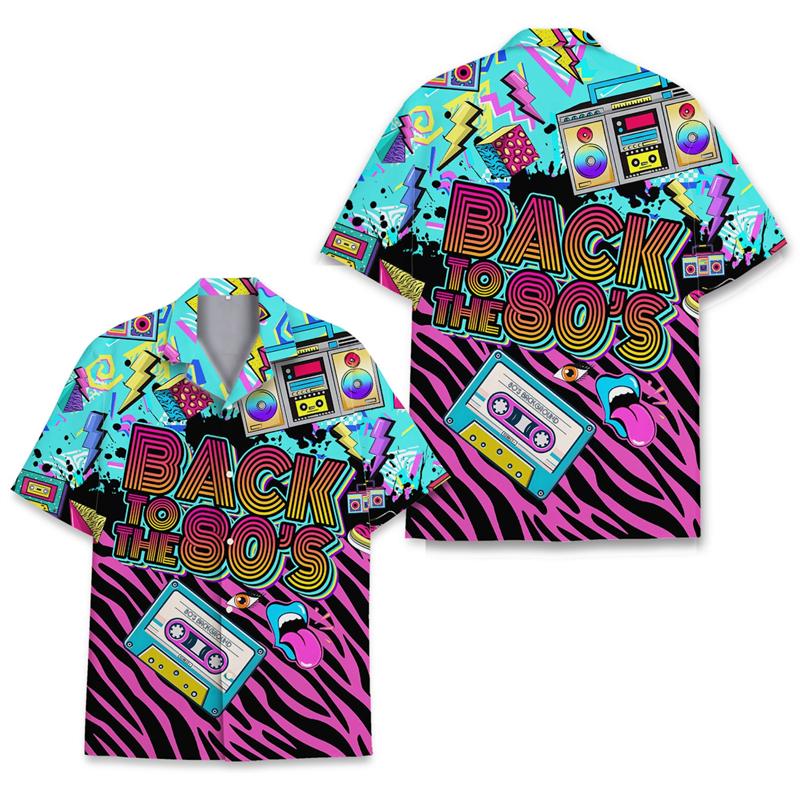 Vintage Back To The 80s Letter Print Hawaiian Shirt for Men Summer Short Sleeve Daily Wear Beach Shirts Men's Aloha Shirt