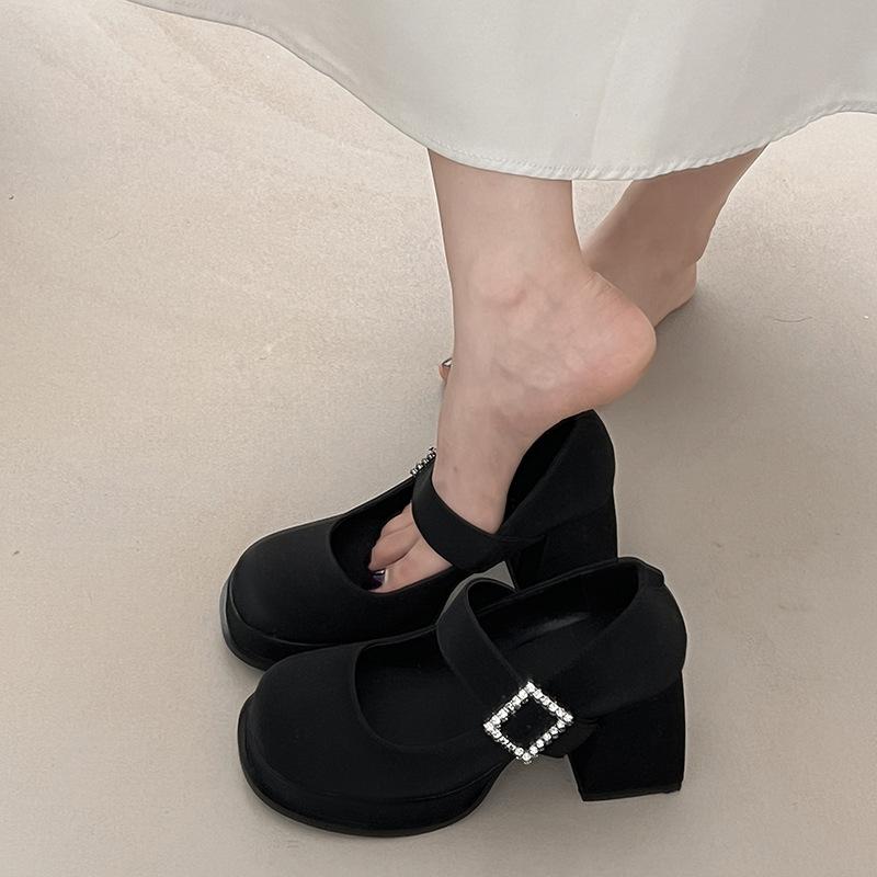 

French single shoes single shoes with high heels Mary Jane shallow mouth waterproof table one word women s thick heel wedding shoes large size women 39 чёрный