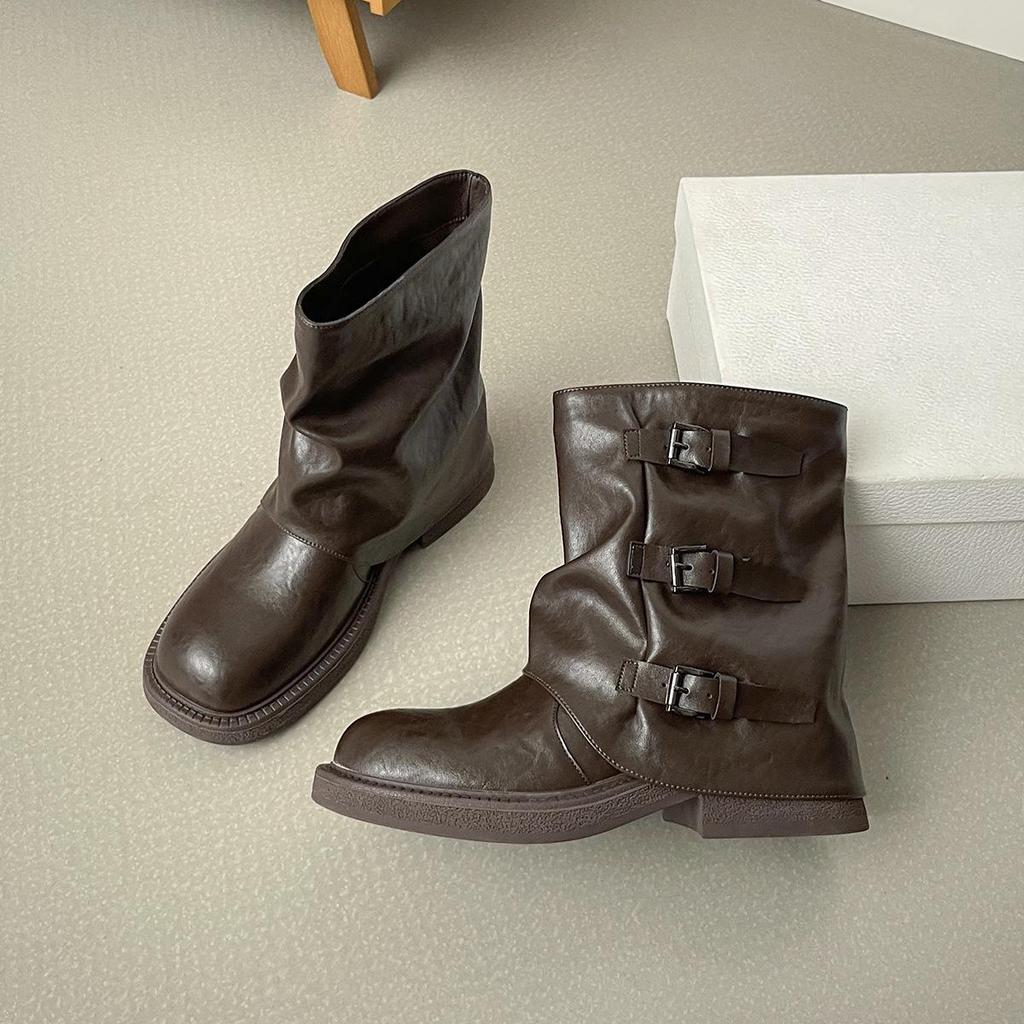 Women's Short Boots - 2025 Autumn/Winter Style: Buckle, Ruched, Thick Sole, Round Toe, Retro, Versatile, Stacked Design.