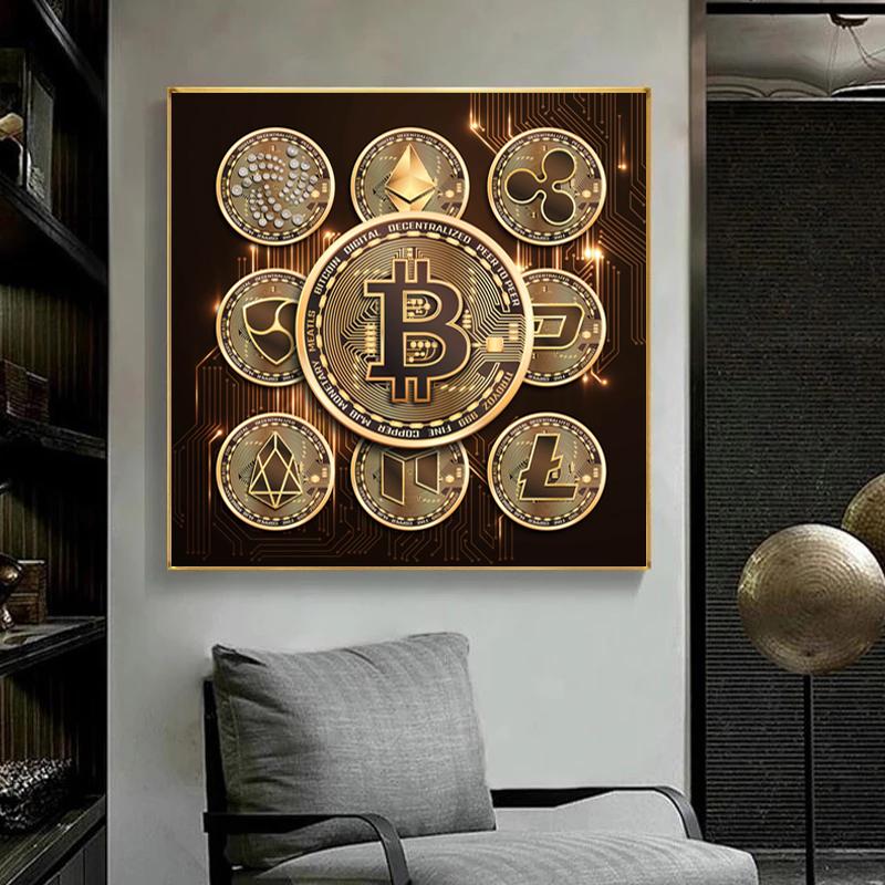 Modernes Gold-Bitcoin-Geld-Leinwandgemälde, inspirierendes Poster und Drucke, Wandkunstbilder für Wohnzimmer, Heimbüro-Dekoration