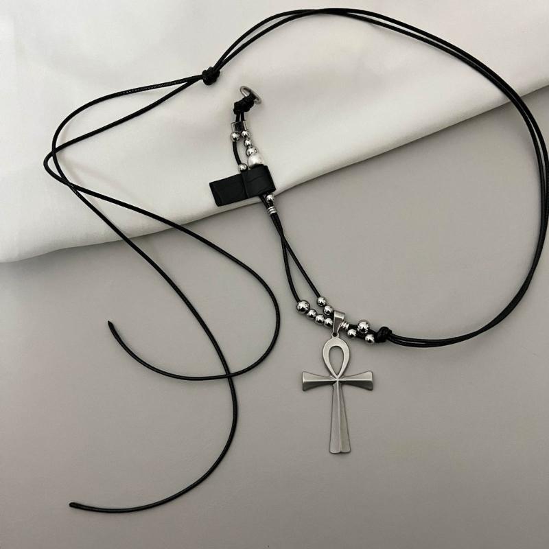 Lederseil Titanstahl Halskette Kreuz Anhänger Choker Kette Lange Pulloverkette Partner Schmuck Ornament Damen Mädchen