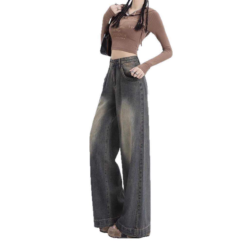 High Waist Retro Wide Leg Jeans for Women - Early Autumn, Loose Fit, Floor-Length.