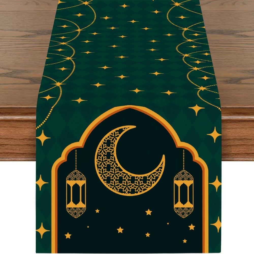 Golden Lantern Ramadan Table Runner White Moon Star Polyester Eid Mubarak Tablecloth Eid Al Fitr Dining Table Decoration