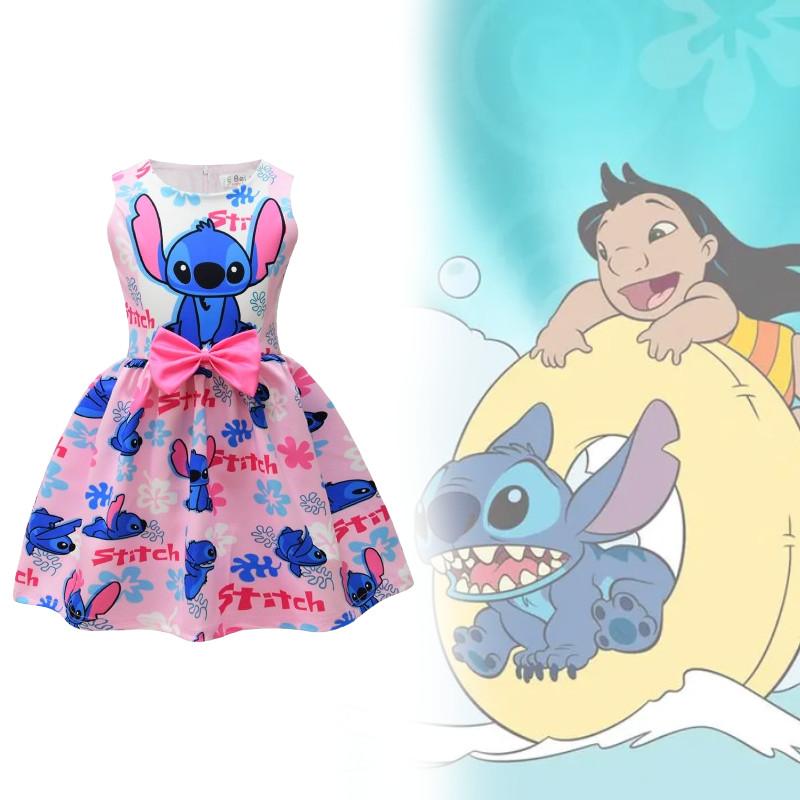 Lilo Stitch Girl Dress With Cotton Blend Fabric And Cartoon Pattern For Kids Ages 3 To 8