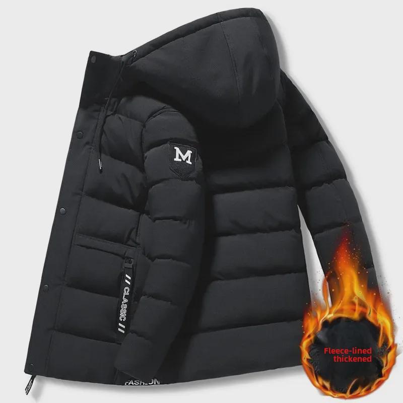 618 Men's Mid-Length Hooded Winter Jacket - Warm, Thick Plush Cotton-Padded with Ribbed M-Shaped Design