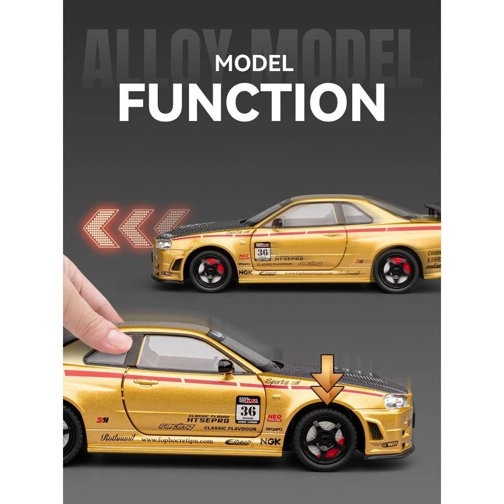 Simulation 1/24 Nissan GTR Alloy Racing Car Model with Sound Light Collection Miniature Voiture Toy Vehicle Children Boy Gift