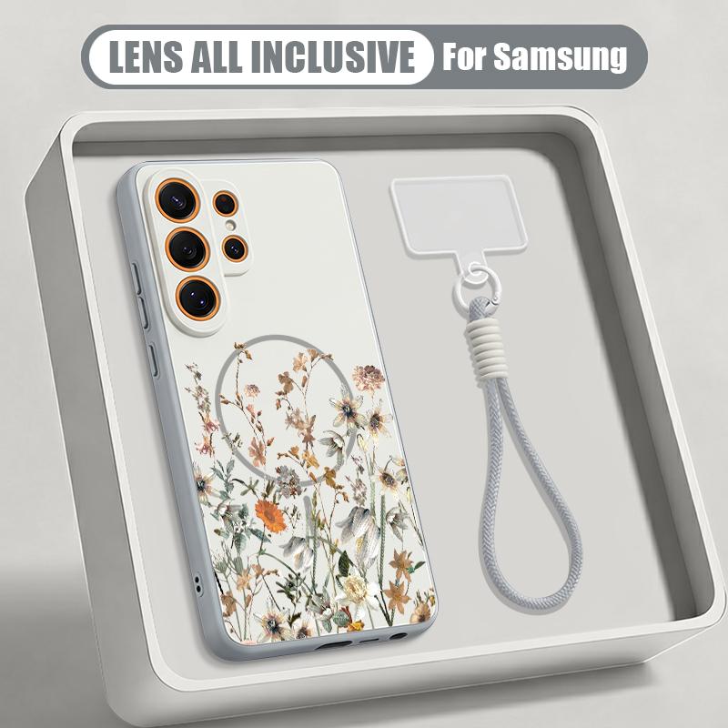 White Flower Pattern Case For Samsung S26 Ultra S25 FE S24 S24 Plus A57 A37 A17 A56 A36 A16 A55 A35 A15 A54 5G Hybrid Magnetic Matte Cover