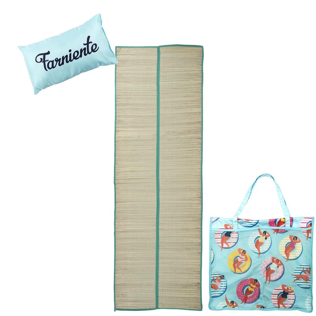 Les Trésors De Lily [A2876] -  Sac natte de plage et coussin 'Farniente' turquoise - 176x60 cm