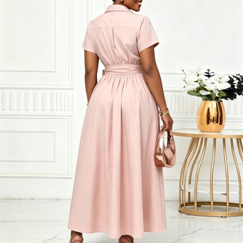 Damen einfarbiges Midi-Kleid mit Umlegekragen, kurzen Ärmeln und hoher Taille