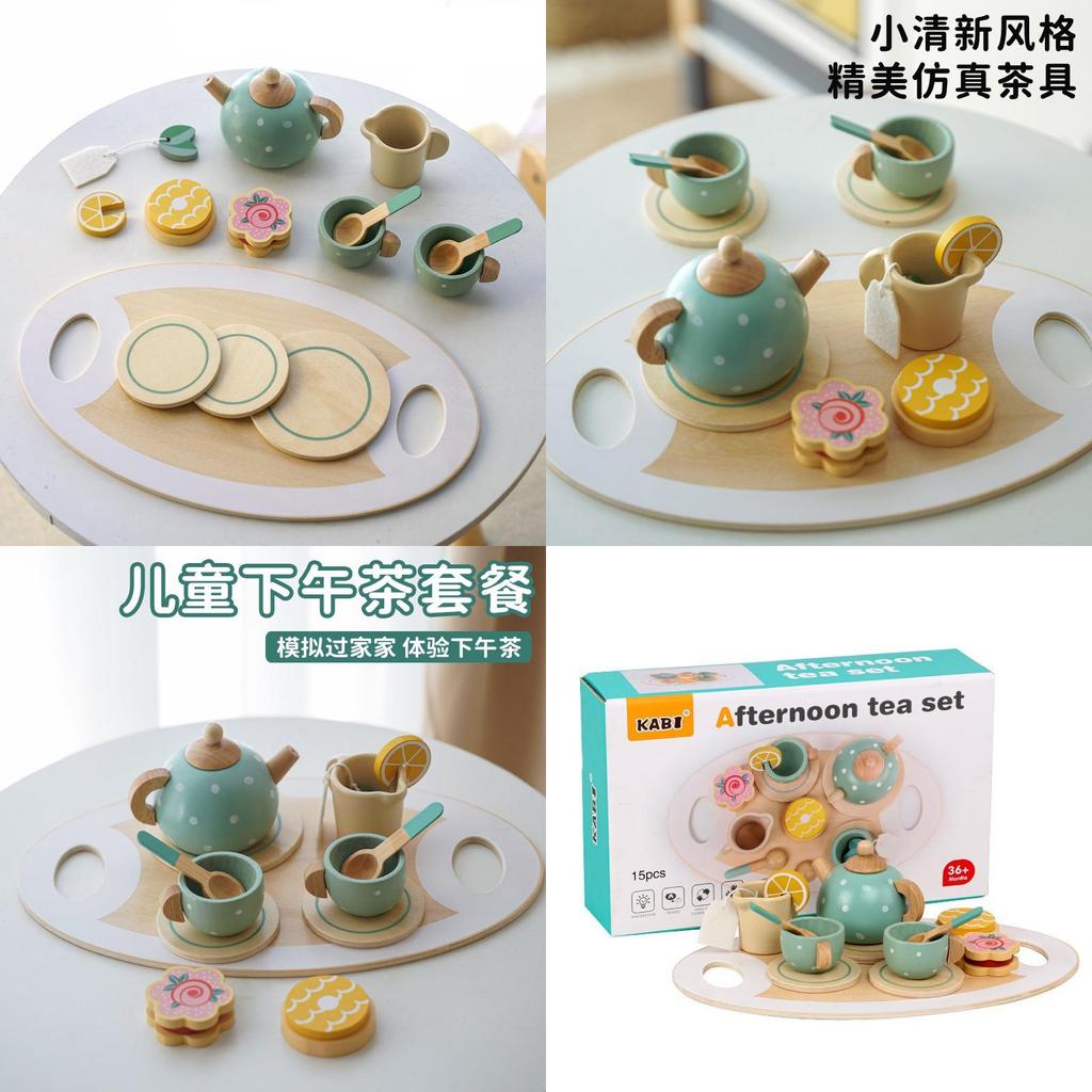 Children Pretend Play Tea Set With Wooden Pots And Cakes For Imaginative Kitchen Play