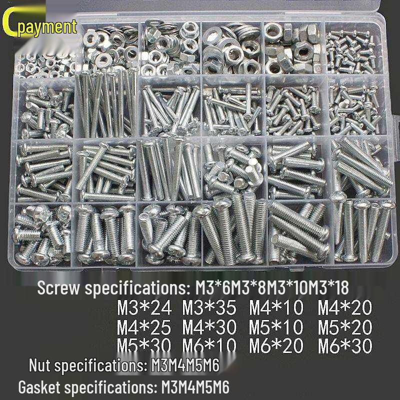 Round Head Phillips Machine Screws & Nuts Set with Flat Washers – Multi-Size Household DIY Box with Complete Specifications