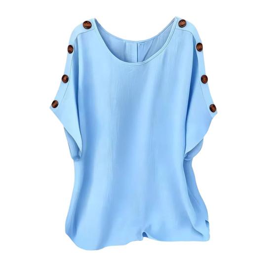 Women Tops Round Neck Batwing Short Sleeve Buttons Decor Tee Shirt Loose Fit Pure Color Summer Casual S небесно-голубой