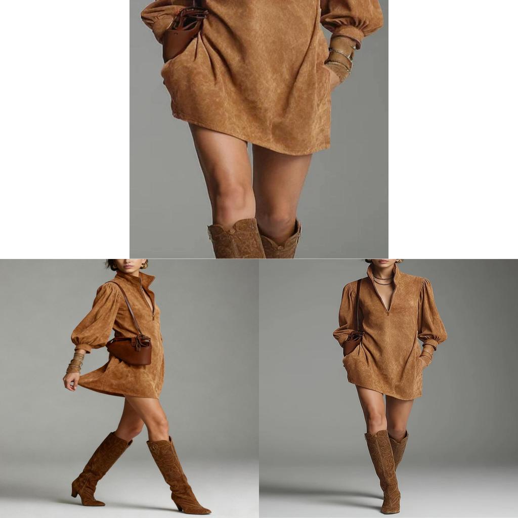 Elegant Pure Color Long Sleeve Dress With Zipper Collar For Office And Casual Wear