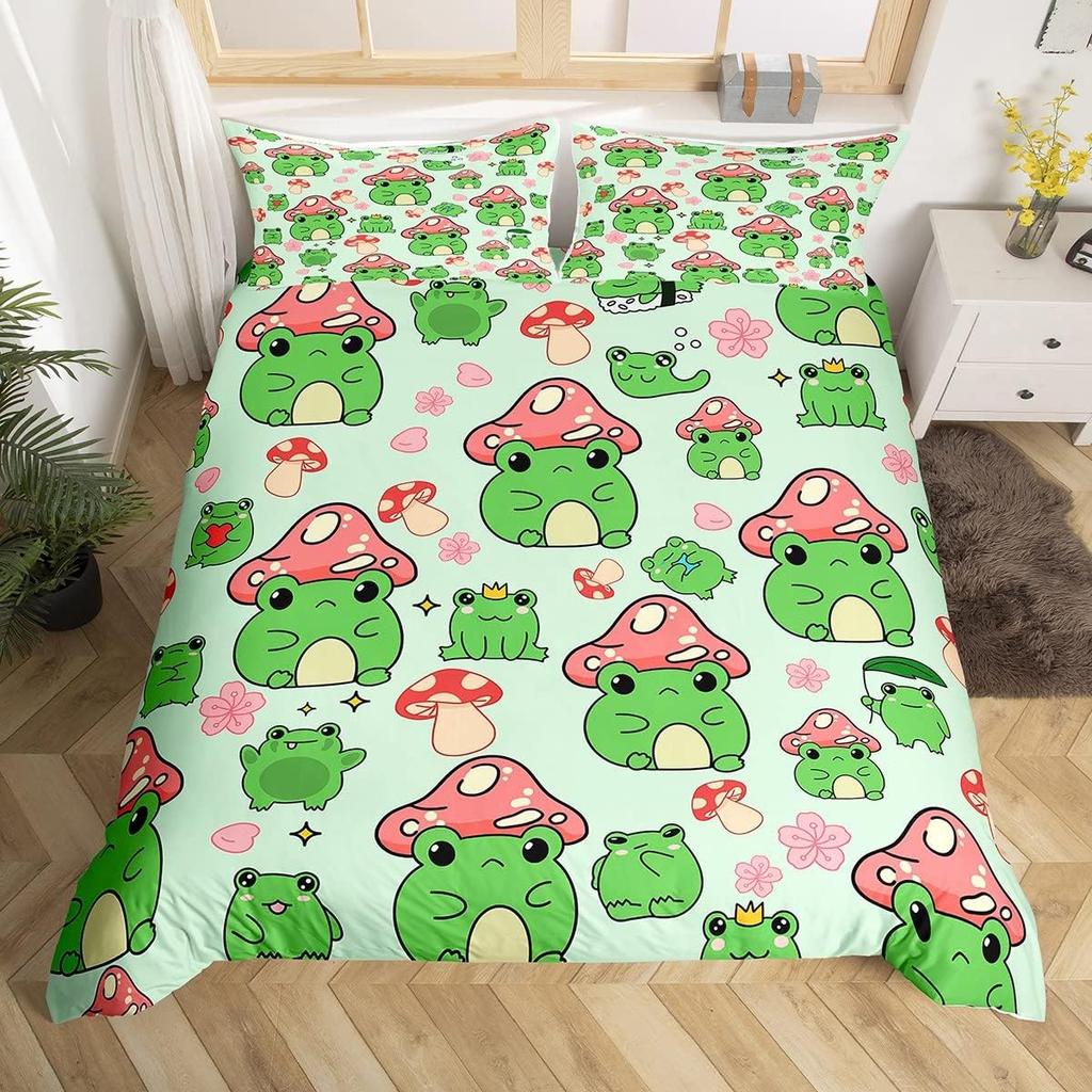 Kawaii Frog Duvet Cover Cute Frog Bedding Set For Boys Girl Blossom Flowers Floral Comforter Cover Cartoon Farm Animal Bed Cover