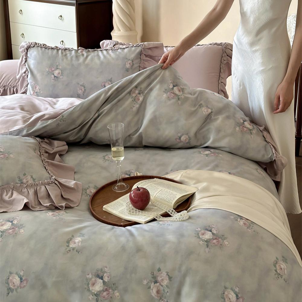 Cotton Bedding Four-piece Rose Printing Skin-friendly Breathable Comfortable Quilt Cover Bed Sheet Pillowcase Kit