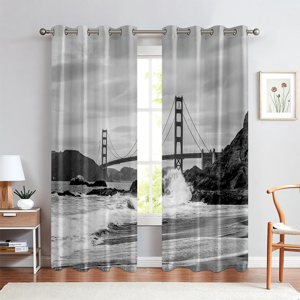 Stadtgebäude 3D-gedruckte Vorhänge Straßenansicht Flussblick Schwarzweiß Handgemalt Industriestil Wohnzimmer Vorhänge 2 Stück
