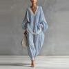 Women's Blue White Stripe Lace Loose Suit Casual Long-sleeved Wide-leg Pants Two-piece Set