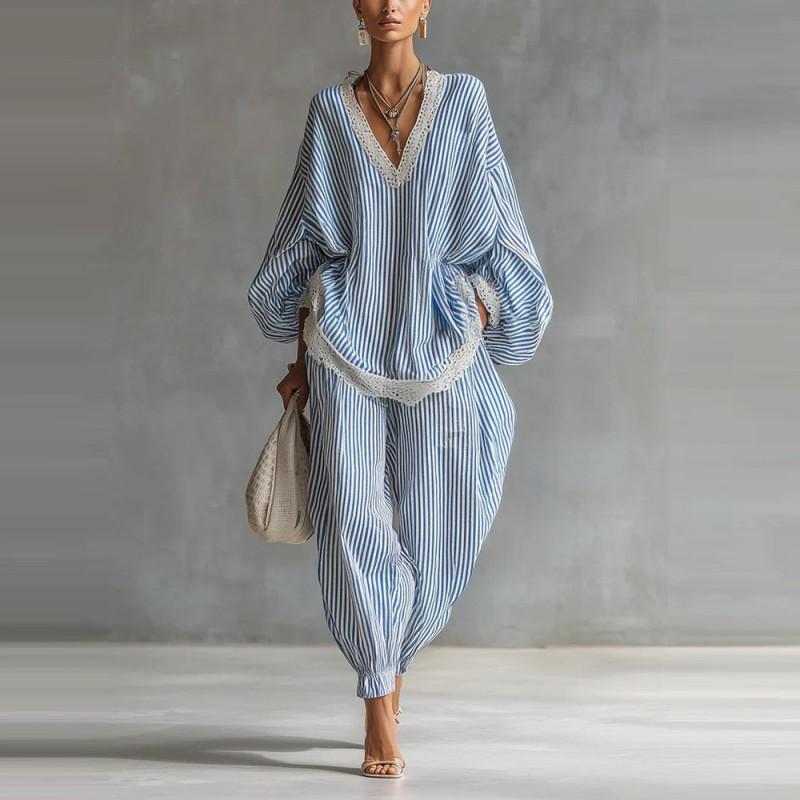 

Women s Blue White Stripe Lace Loose Suit Casual Long-sleeved Wide-leg Pants Two-piece Set XXL синій