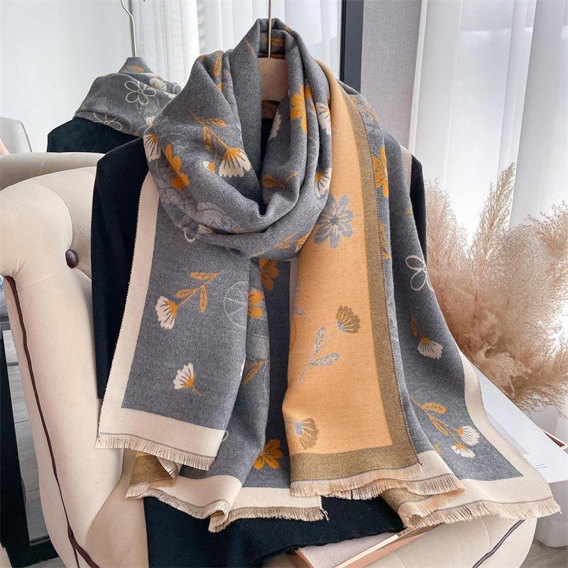 Pink girl's small flower imitation cashmere scarf women's thickened warm scarf shawl with decorative scarf